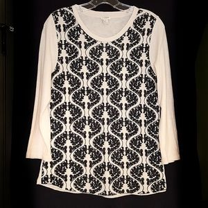 J. Crew Factory Black & Cream Pattern 3 Quarters Sleeve T-shirt, Size M